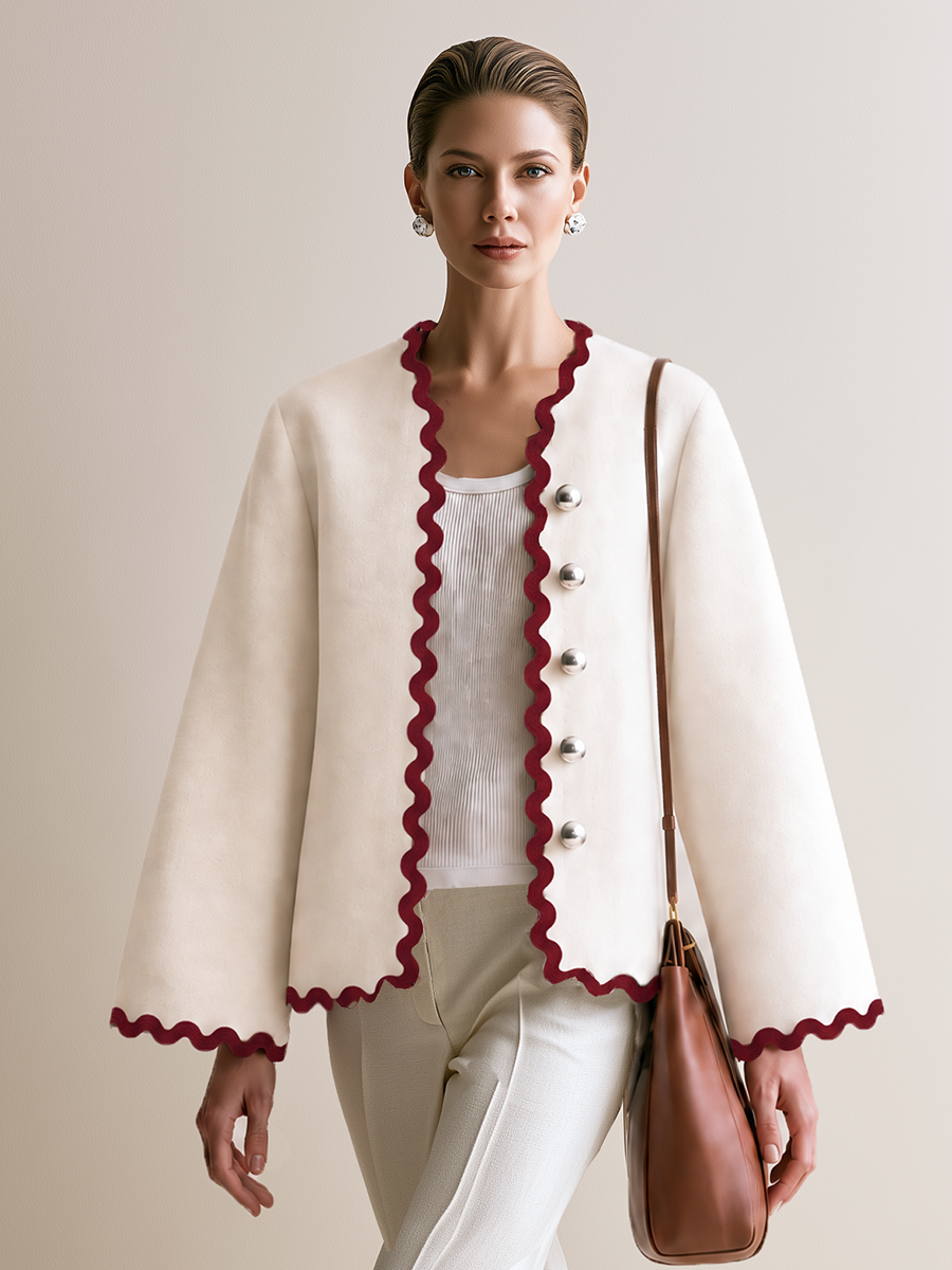 Women's Ivory Scalloped Trim Bell Sleeve Jacket With Contrast Wave Edge