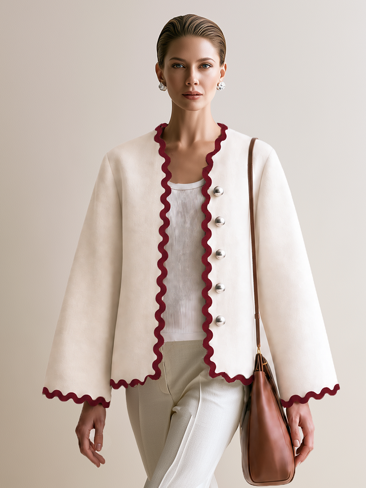 Women's Ivory Scalloped Trim Bell Sleeve Jacket With Contrast Wave Edge