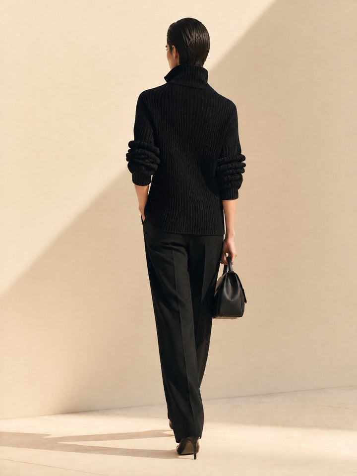 Ribbed Knit Asymmetric Cardigan with Wide-Leg Trousers Set