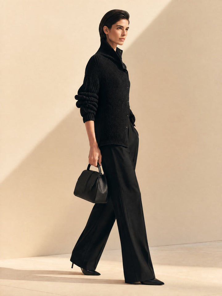 Ribbed Knit Asymmetric Cardigan with Wide-Leg Trousers Set
