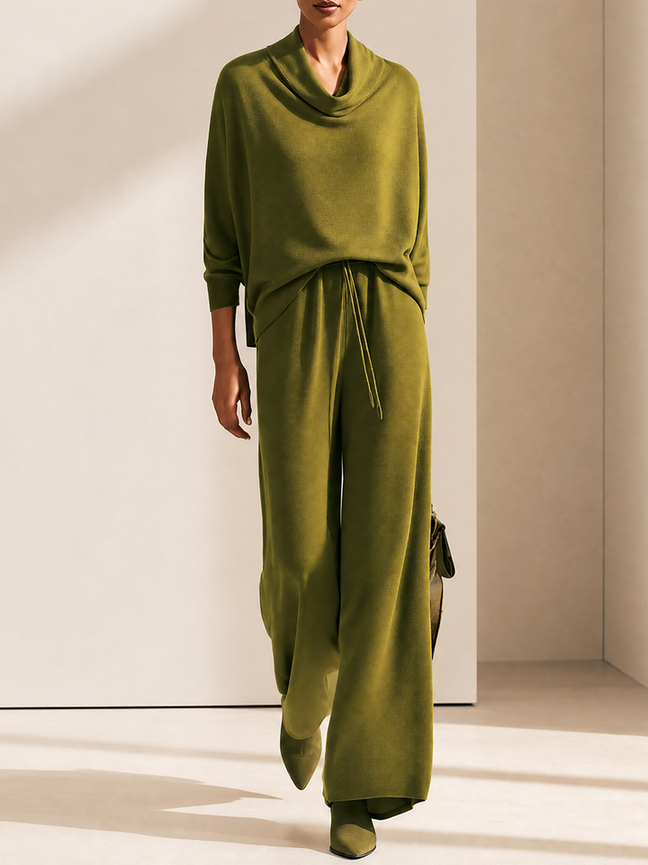 Women's Cowl Neck Batwing Top & Wide-Leg Drawstring Trousers Set