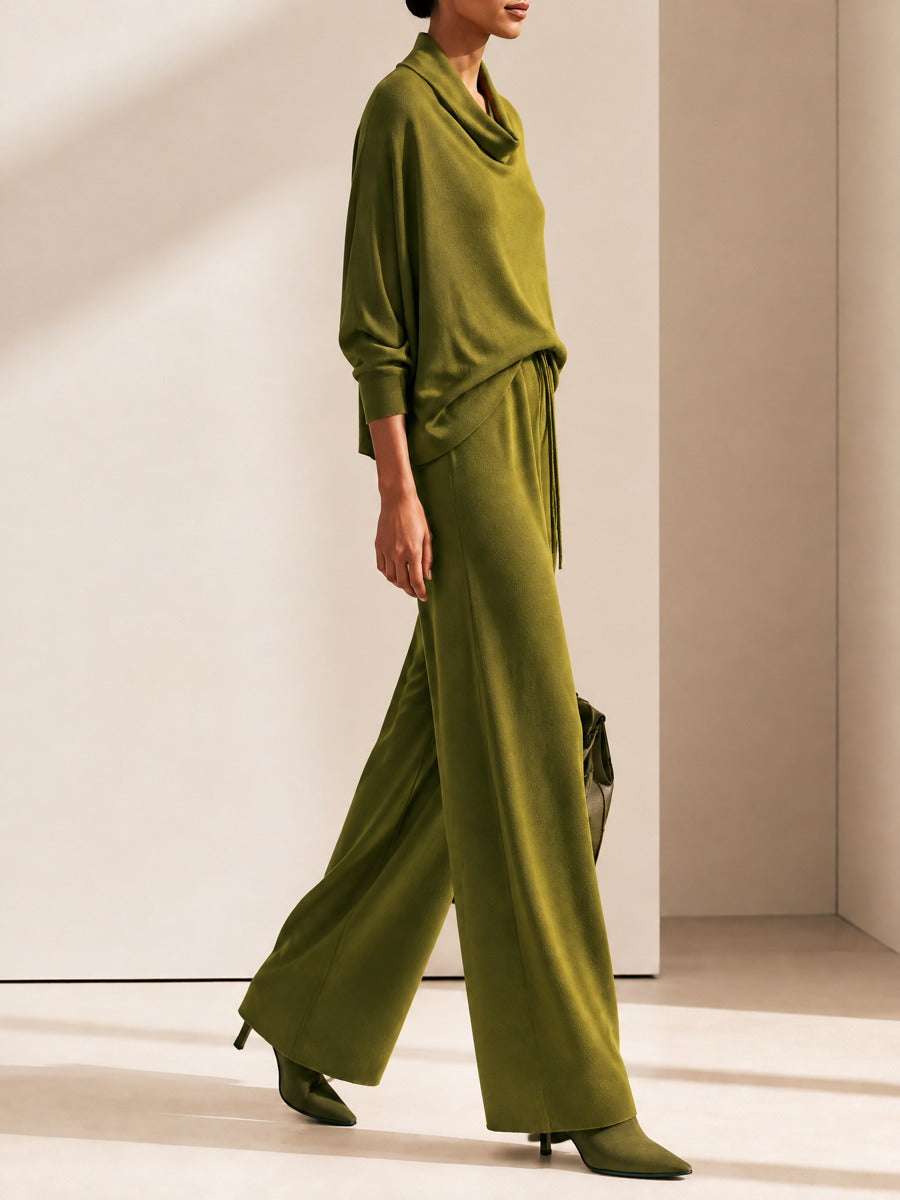 Women's Cowl Neck Batwing Top & Wide-Leg Drawstring Trousers Set