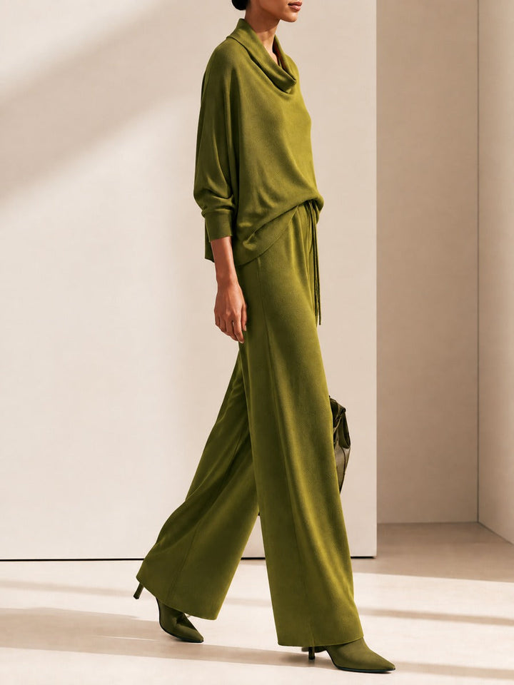 Women's Cowl Neck Batwing Top & Wide-Leg Drawstring Trousers Set