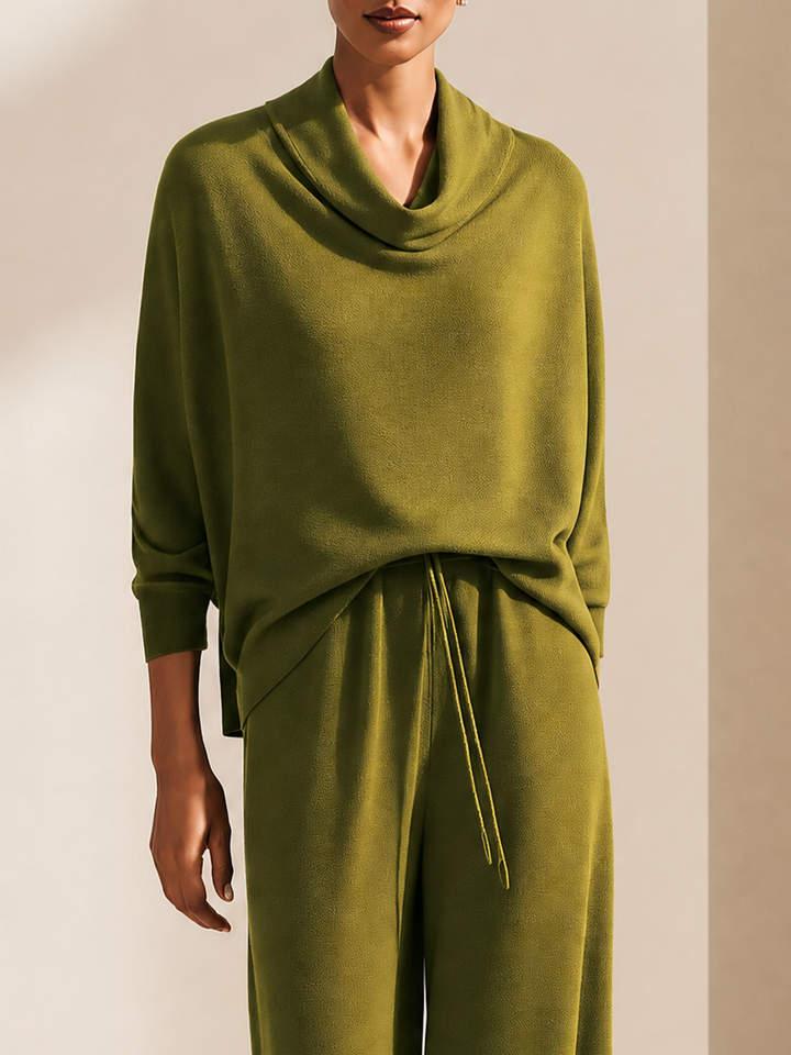 Women's Cowl Neck Batwing Top & Wide-Leg Drawstring Trousers Set