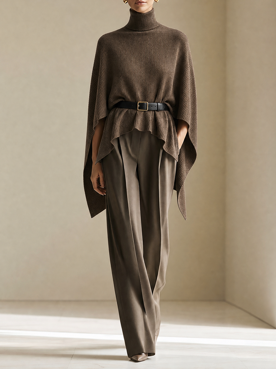 Women's Turtleneck Batwing Knit Taupe Pants Set