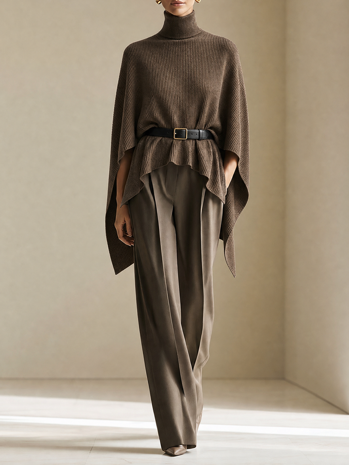 Women's Turtleneck Batwing Knit Taupe Pants Set