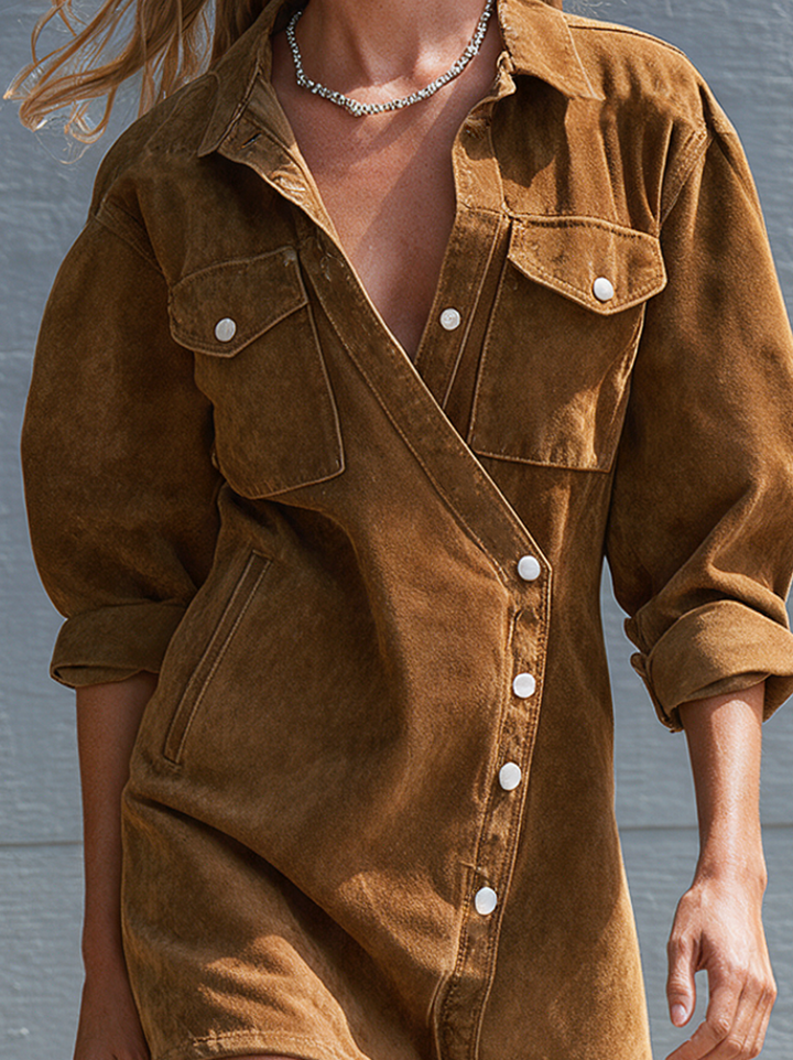 Women's Casual Brown Suede Long-sleeve Mini Dress