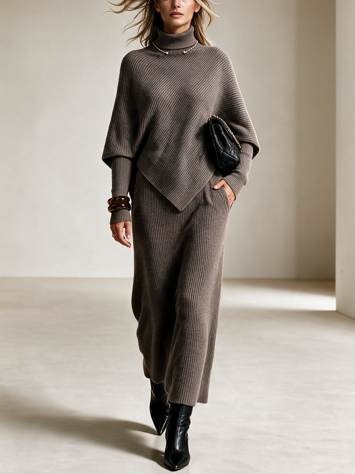 Women's Turtleneck Asymmetric Knit Top & Knit Midi Skirt Set