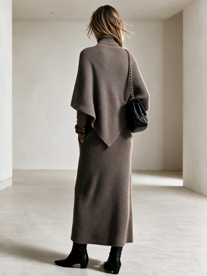 Women's Turtleneck Asymmetric Knit Top & Knit Midi Skirt Set