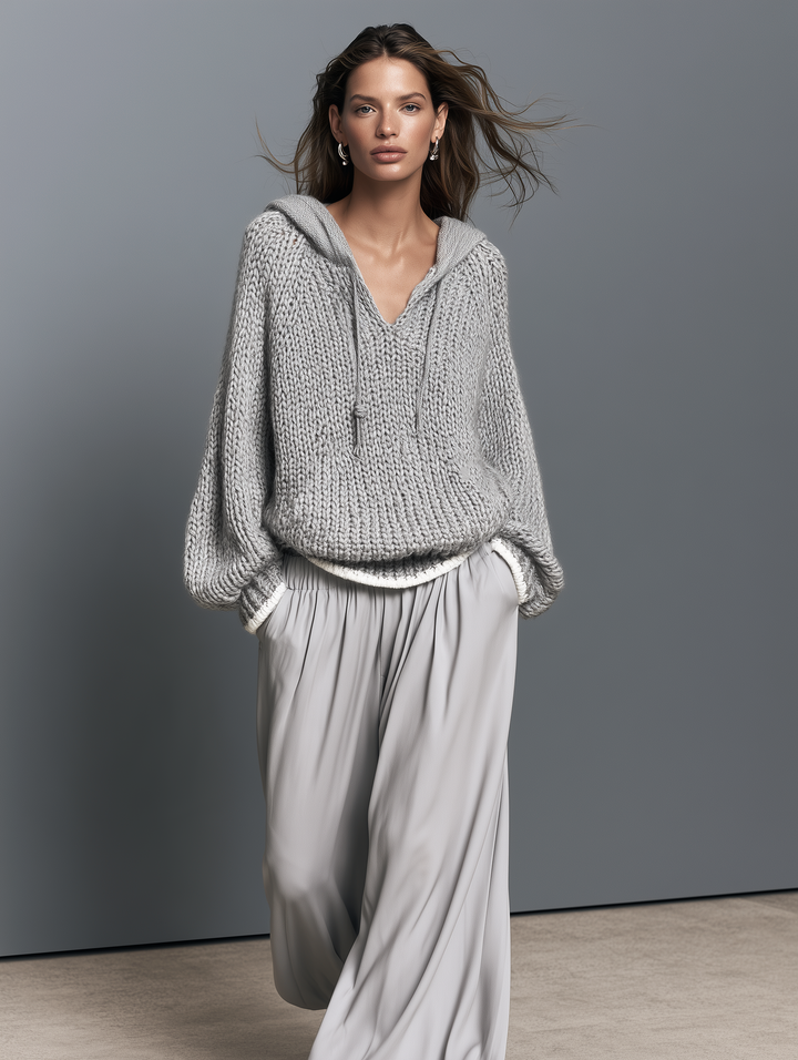 Women's Casual Grey Long-Sleeve Knitted Hoodie