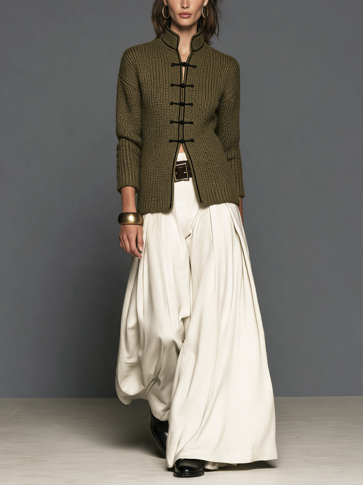 Women's Casual Off-White Woven Wide-Leg Trousers