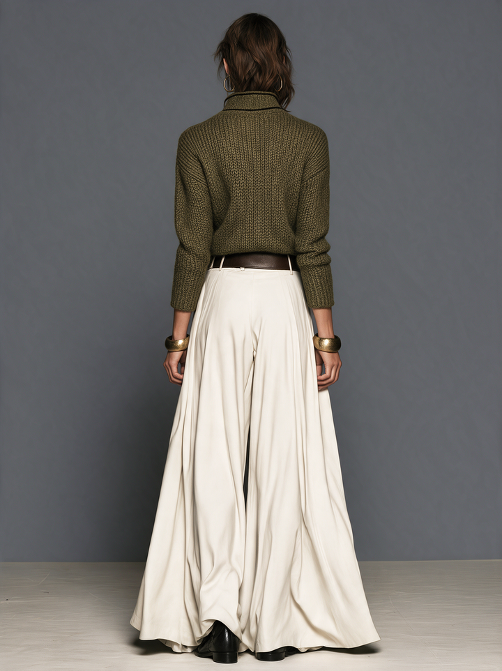 Women's Casual Off-White Woven Wide-Leg Trousers