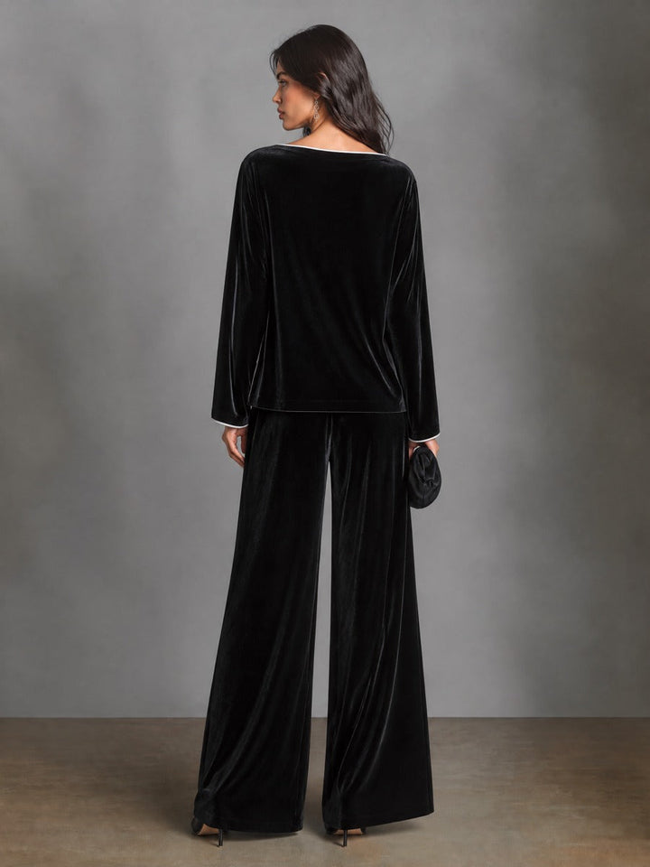 Women's Velvet Two-Piece Set Boat Neck Top & Wide Leg Palazzo Pants
