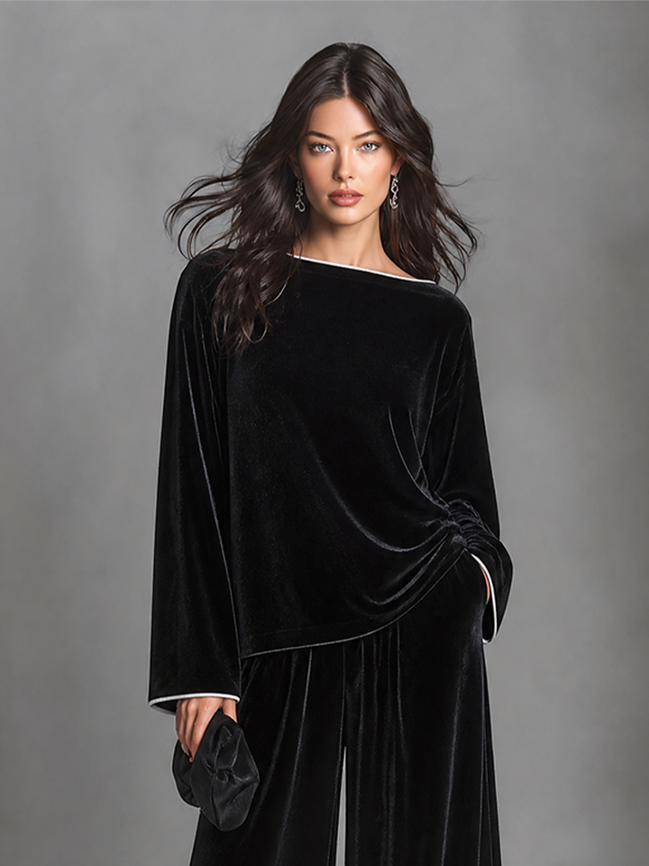 Women's Velvet Two-Piece Set Boat Neck Top & Wide Leg Palazzo Pants