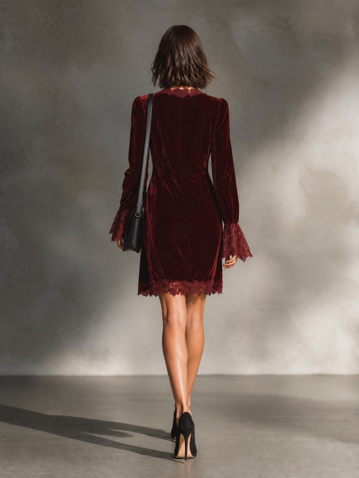 Women's Velvet Lace-Trim Bell Sleeve Mini Dress