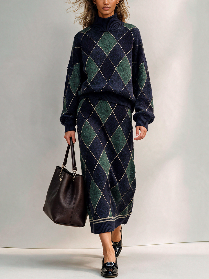 Women's Argyle Turtleneck Knit Sweater & Midi Skirt Set