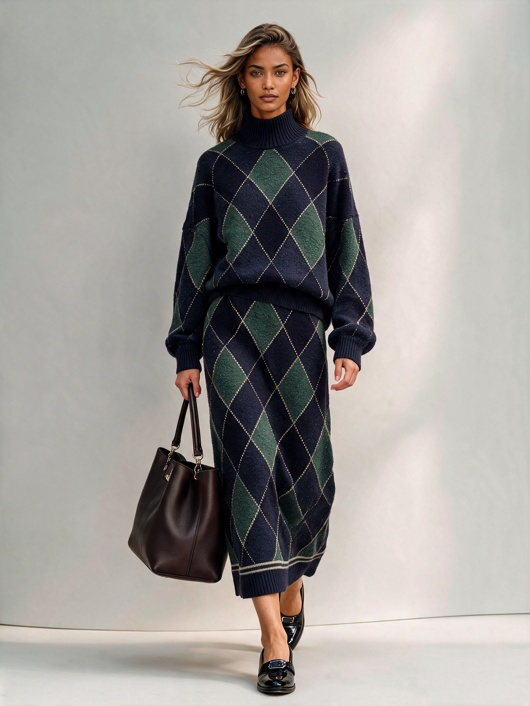 Women's Argyle Turtleneck Knit Sweater & Midi Skirt Set