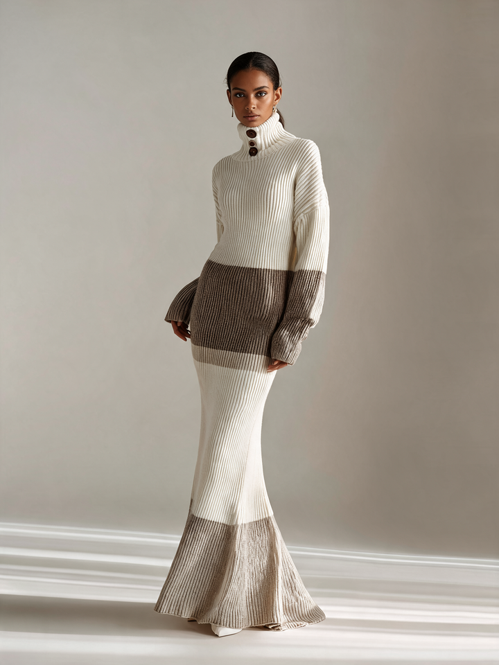 Women's Color Block Turtleneck Ribbed Knit Maxi Dress