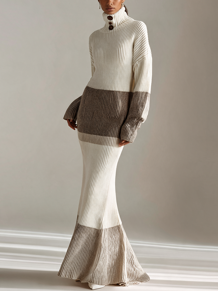 Women's Color Block Turtleneck Ribbed Knit Maxi Dress