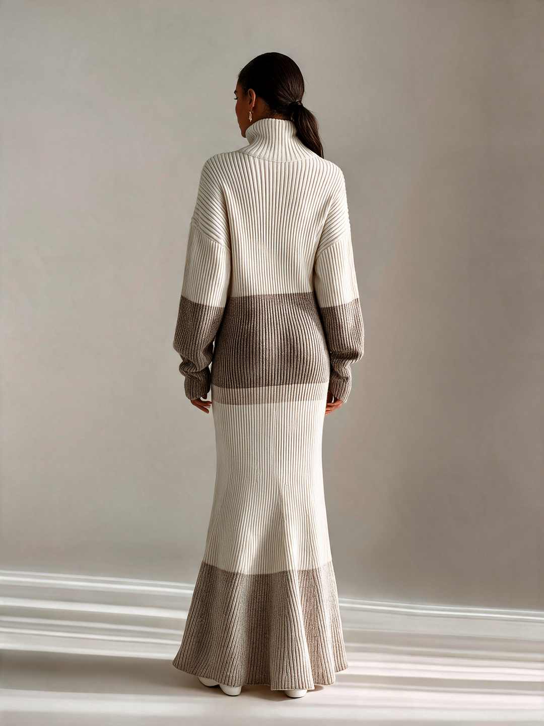 Women's Color Block Turtleneck Ribbed Knit Maxi Dress