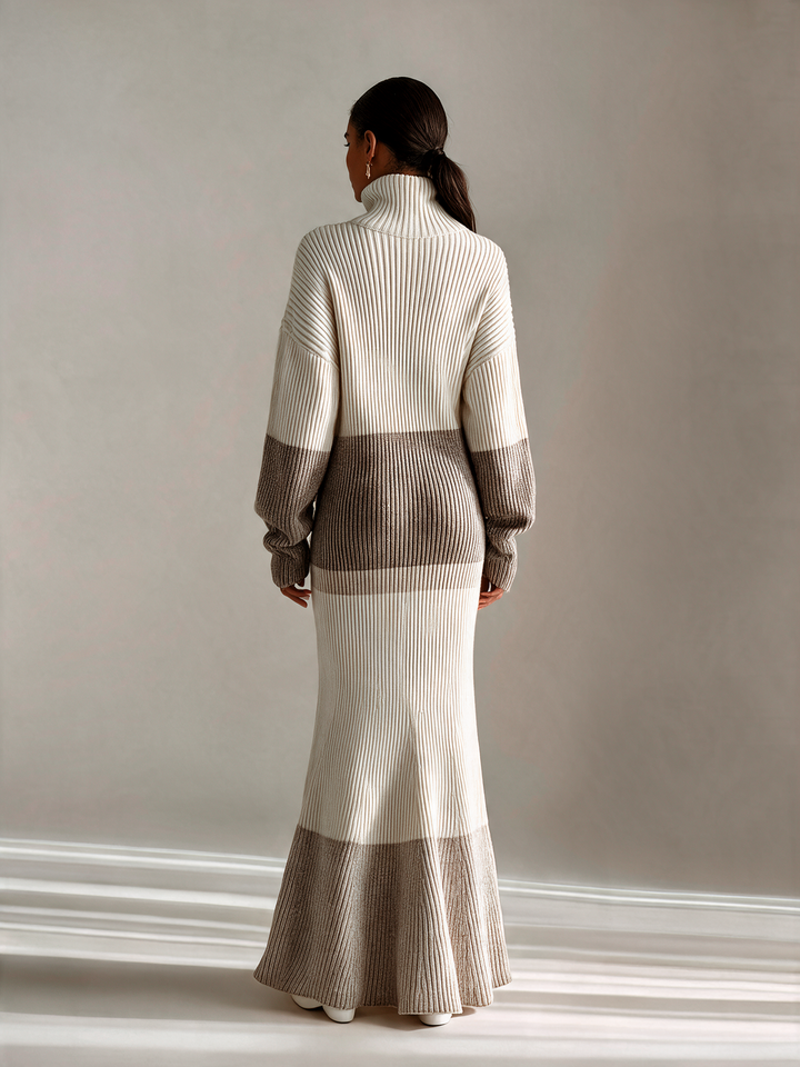 Women's Color Block Turtleneck Ribbed Knit Maxi Dress