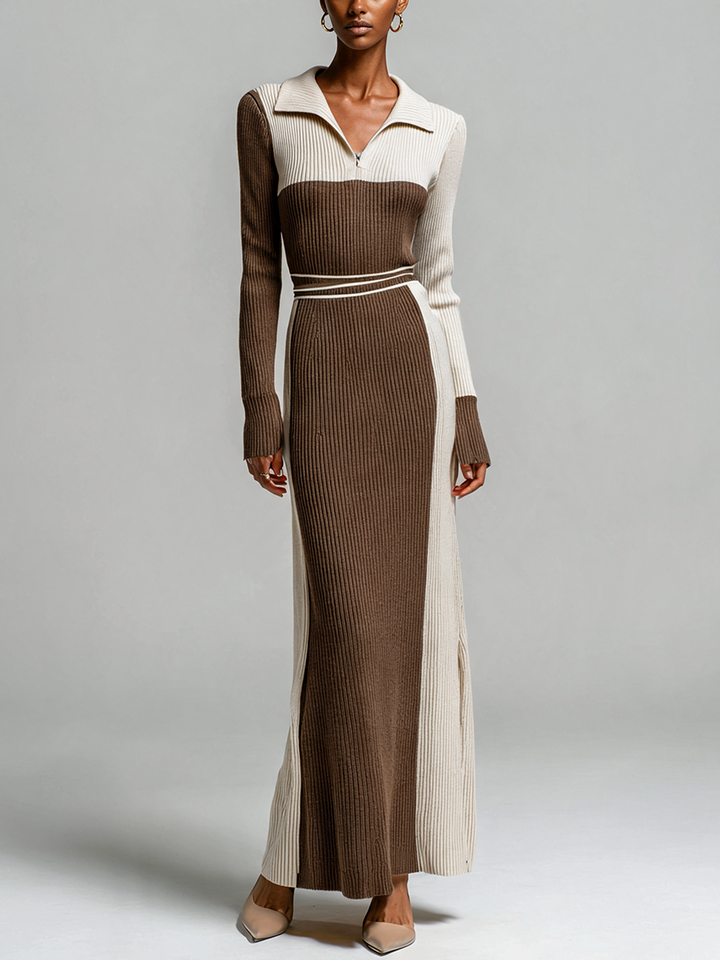 Women's Color Block Polo Collar Ribbed Knit Maxi Dress