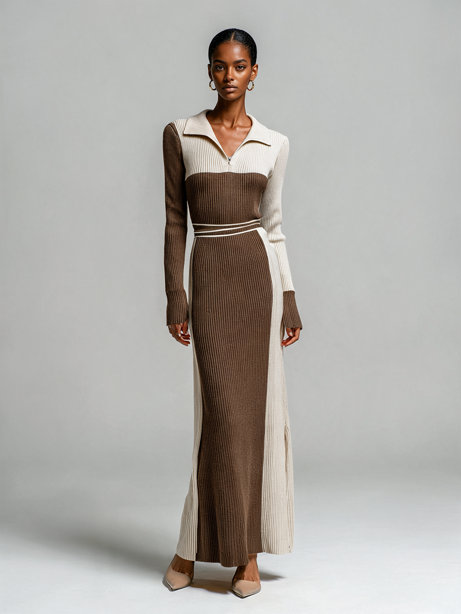 Women's Color Block Polo Collar Ribbed Knit Maxi Dress