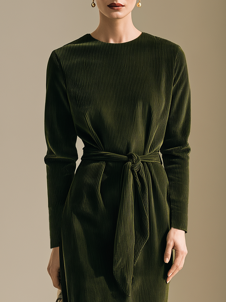 Women's Crew Neck Tie-Waist Olive Green Dress