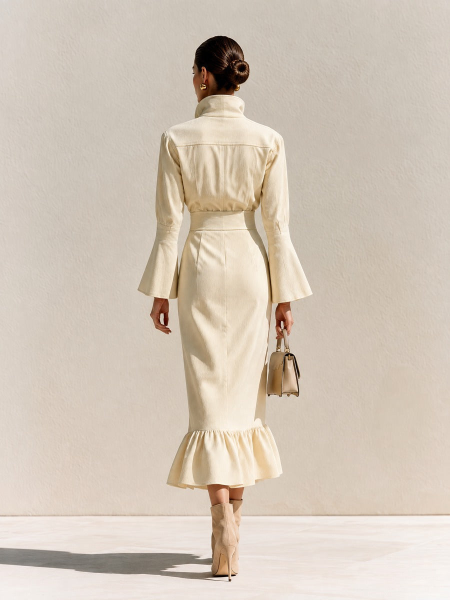 Women's Button Front Ruffle Hem Cream Dress