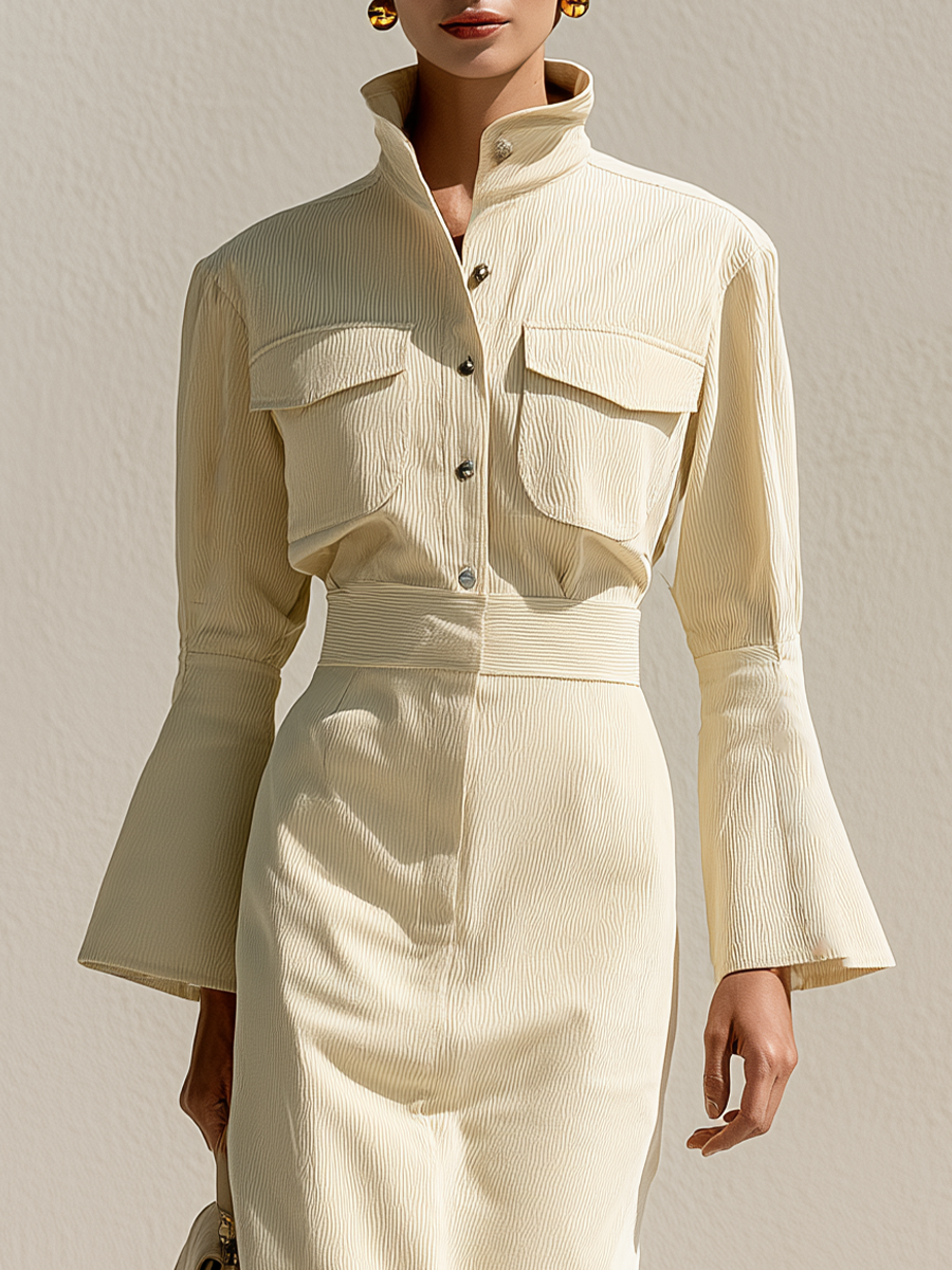 Women's Button Front Ruffle Hem Cream Dress