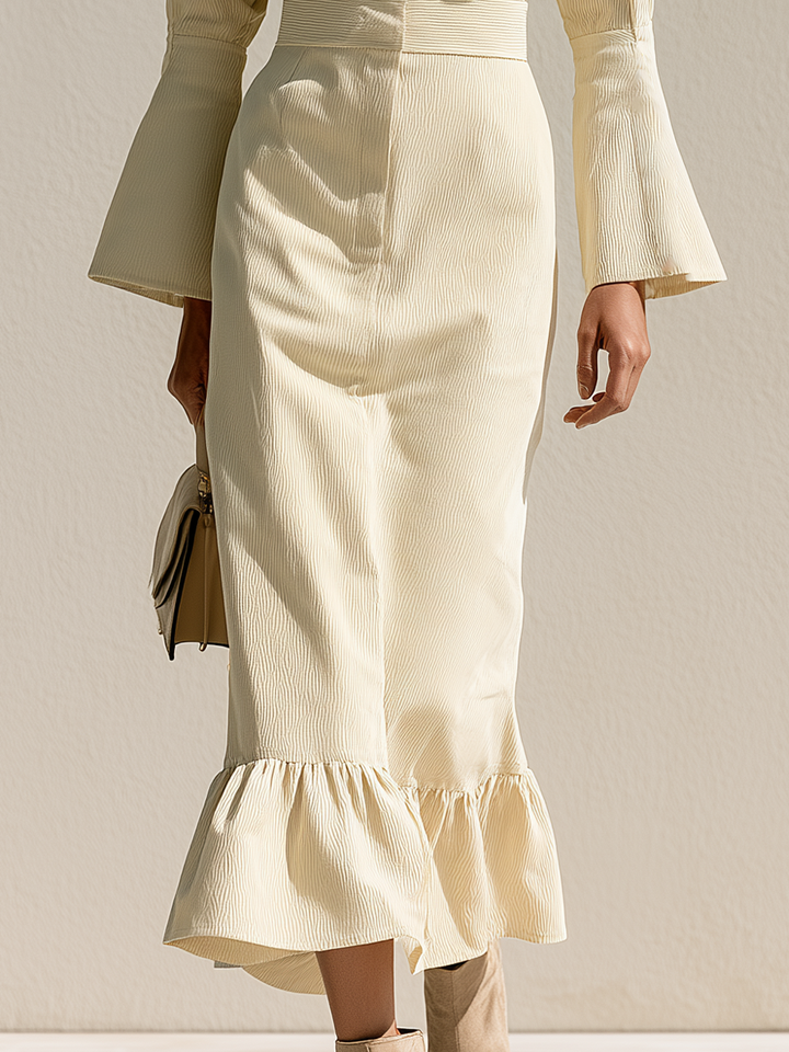 Women's Button Front Ruffle Hem Cream Dress