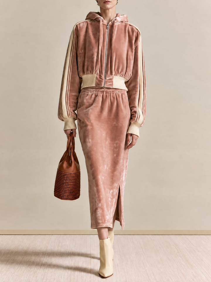 Women's Velvet Zip Hoodie Pink Midi Skirt Set