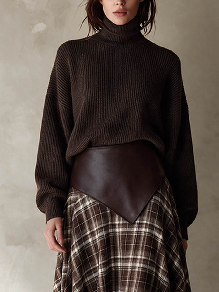 Ladies Turtleneck Woolen Top Plaid Irregular Skirt Suit