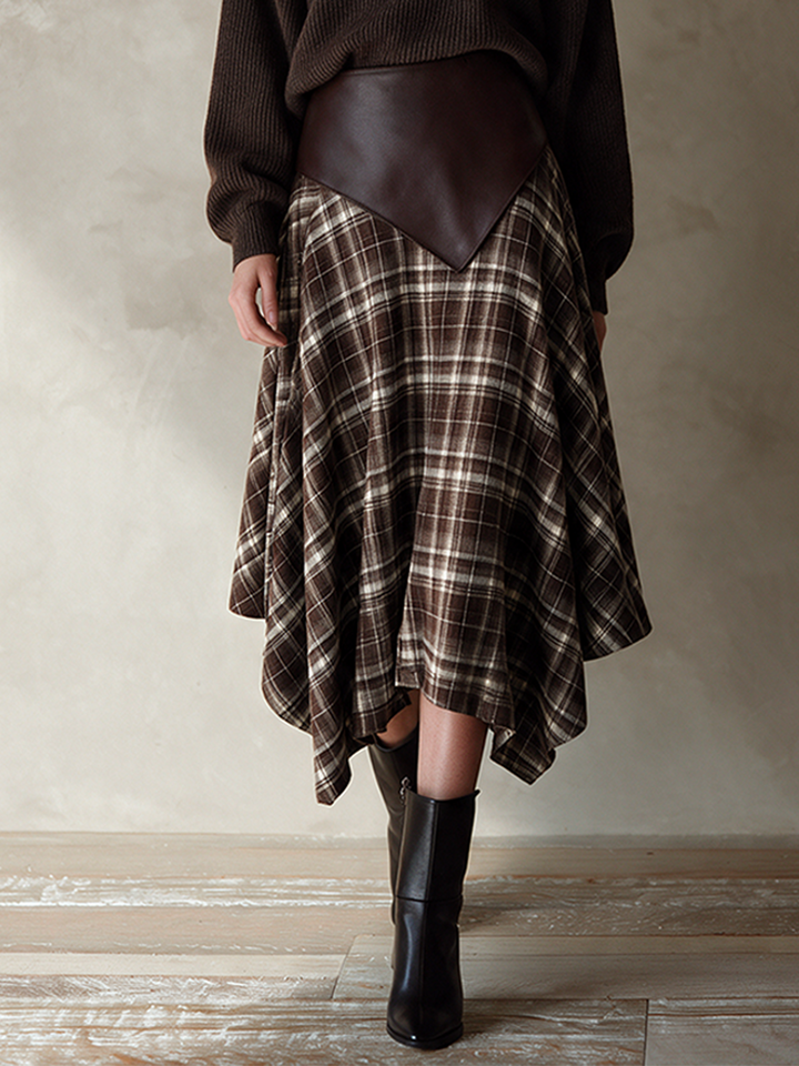 Ladies Turtleneck Woolen Top Plaid Irregular Skirt Suit