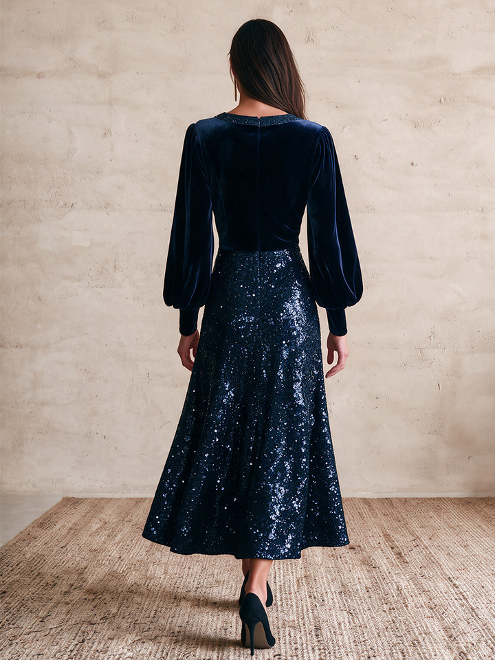 Women's Velvet And Sequin Long-Sleeve V-Neck Dress
