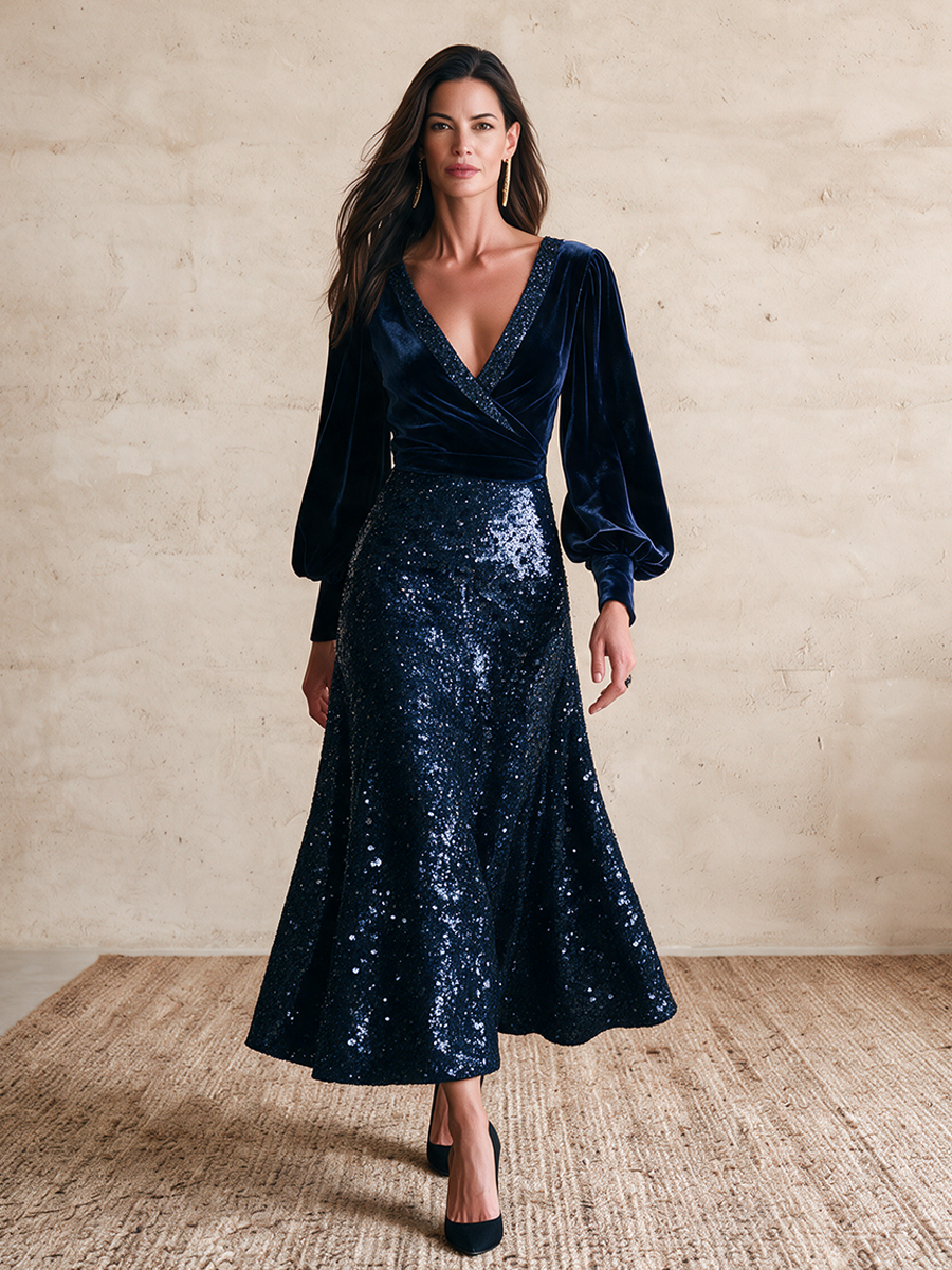 Women's Velvet And Sequin Long-Sleeve V-Neck Dress