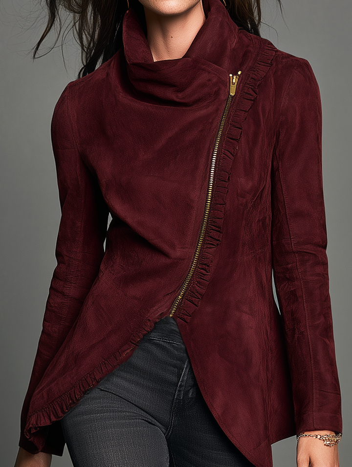 Women's Casual Long-sleeve Deep Burgundy Suede Jacket