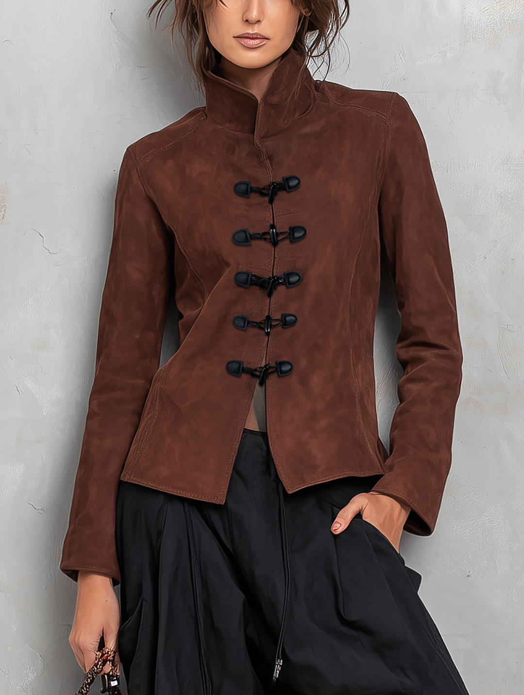 Women's Casual 2-Piece Set Brown Suede Long-sleeve Jacket And Black Woven Trousers MDZ2956G0LXY