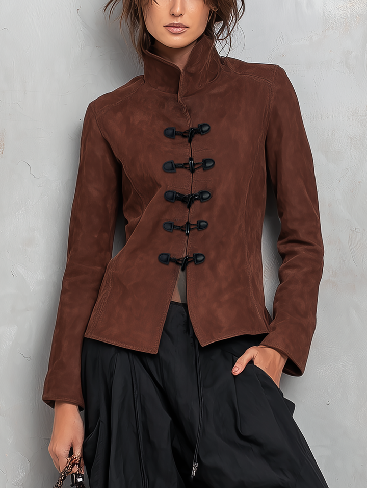 Women's Casual 2-Piece Set Brown Suede Long-sleeve Jacket And Black Woven Trousers MDZ2956G0LXY