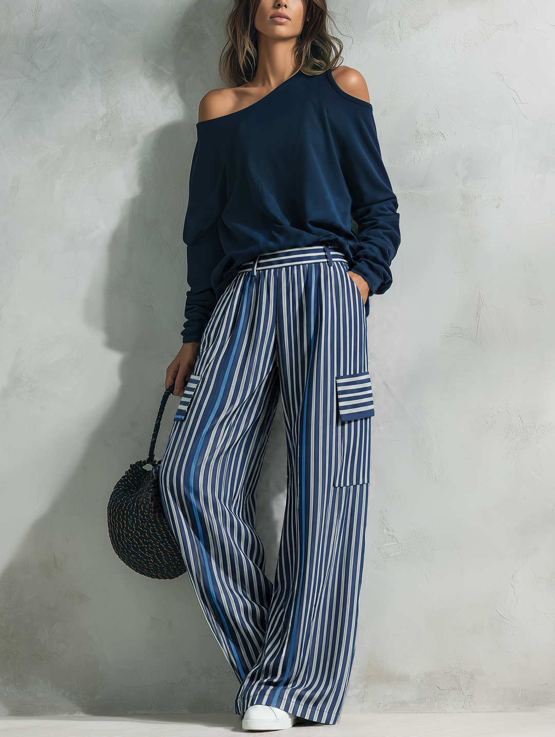 Conjunto informal de 2 piezas para mujer, top de manga larga en tejido de sudadera azul marino y pantalones tejidos de rayas azules y blancas MDZ2895G0LXY