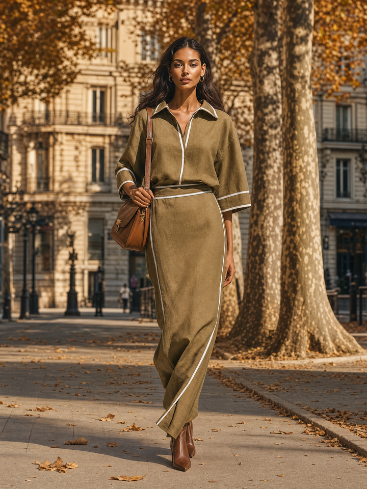 Women's Contrast Piping Linen Blend Collared Top and Skirt Set MDZ1330H7YZJ
