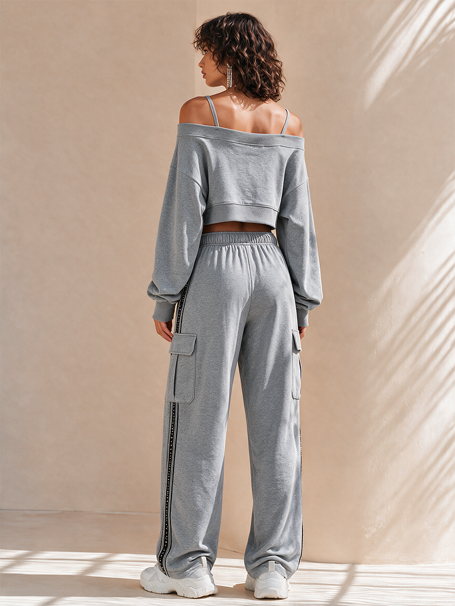 Conjunto de sudadera corta de manga larga con hombros caídos y hombros descubiertos, y pantalón cargo de pierna ancha con cordón, para mujer MDZ2080H0CMX
