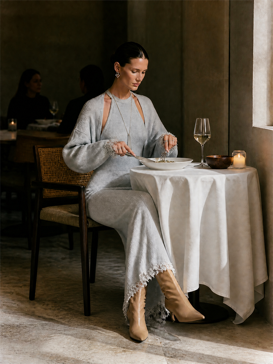 Women's Round-Neck Cutout Drop-Shoulder Balloon-Sleeve Lace-Trim Wool-Knit Maxi Dress MDZ0194I3CMX
