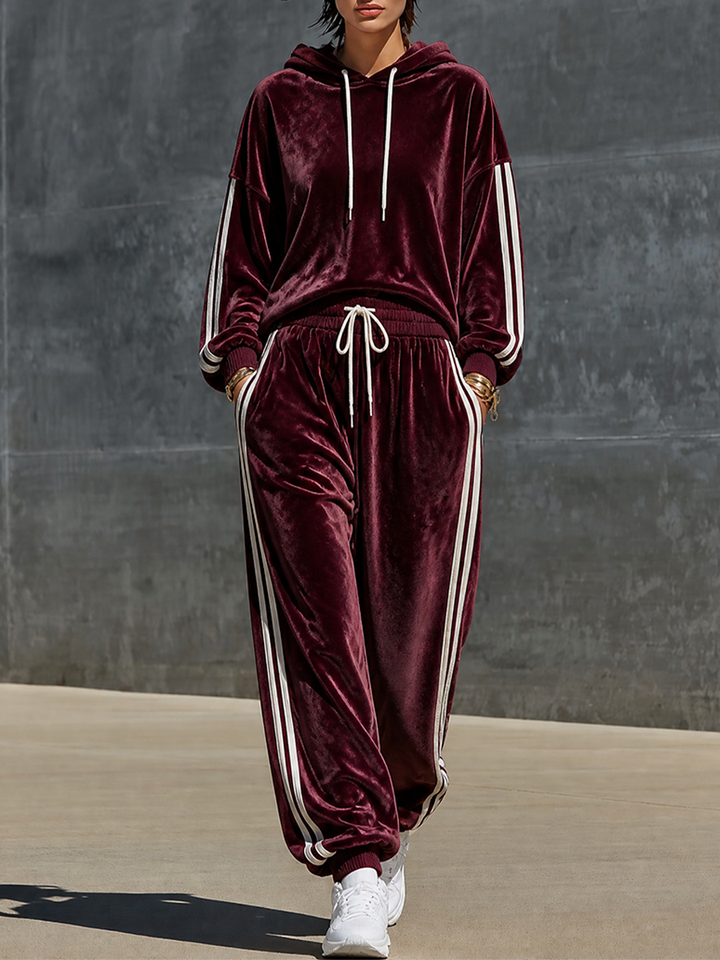 Women's Velvet Hoodie & Jogger Pants Set with Side Stripes