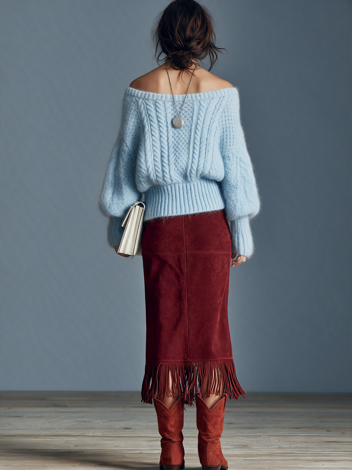Suéter de punto trenzado vintage con hombros descubiertos para mujer