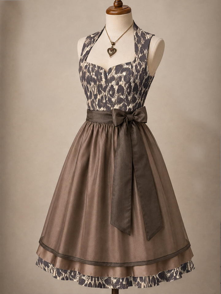 Women's Two-Piece Dress with Bow in Leopard Print and Solid Color