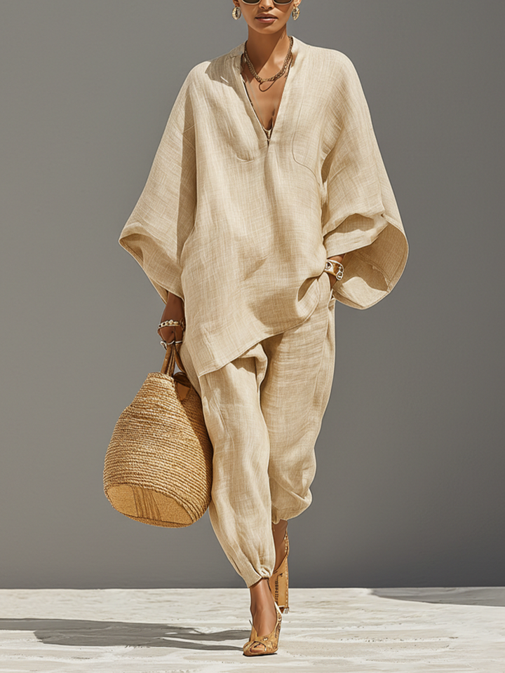 Conjunto de lino neutro para mujer con bajo asimétrico y diseño minimalista, conjunto de estilo sofisticado para uso diario-casual MDZ0501B3I