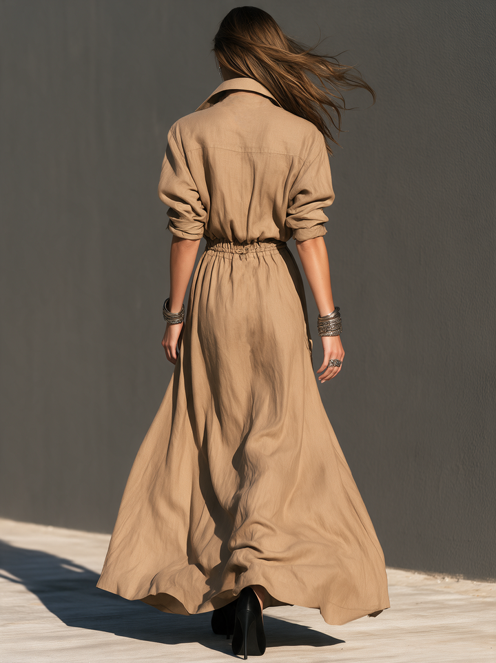 Vestido largo informal de tejido caqui de manga larga para mujer MDZ0489I1LXY