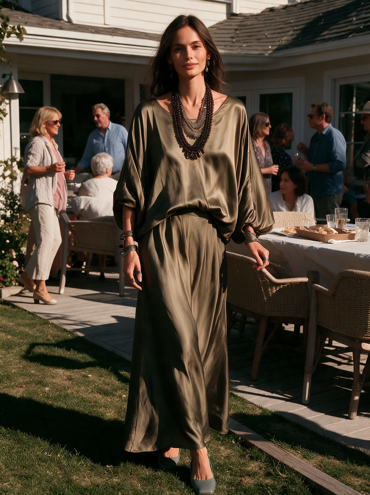Women's Casual Olive Green Satin Long-Sleeve Top And Trousers Two-Piece Set MDZ0144I4LXY