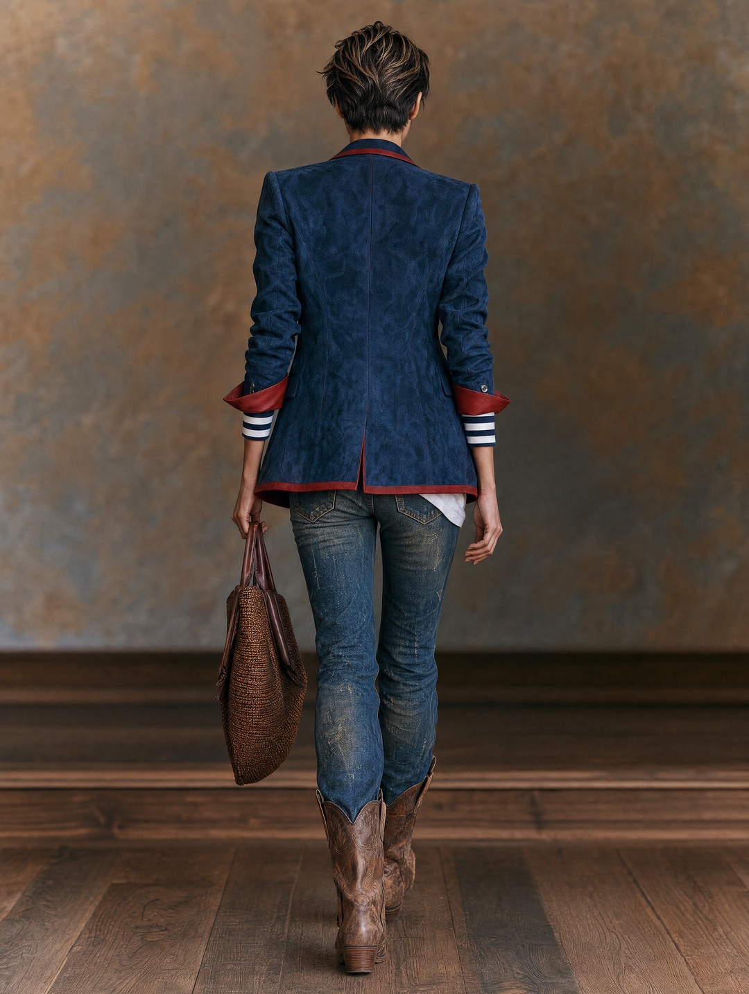 Americana de ante sintético de estilo vintage para mujer con ribete de piel roja MDZ2570H7WY